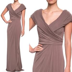 LA Femme Brown Taupe Cocoa Ruched Stretch Jersey Column Gown Womens 14